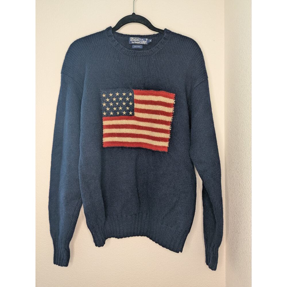 VTG Rare Ralph Lauren American Flag Knit Sweater Women's XL